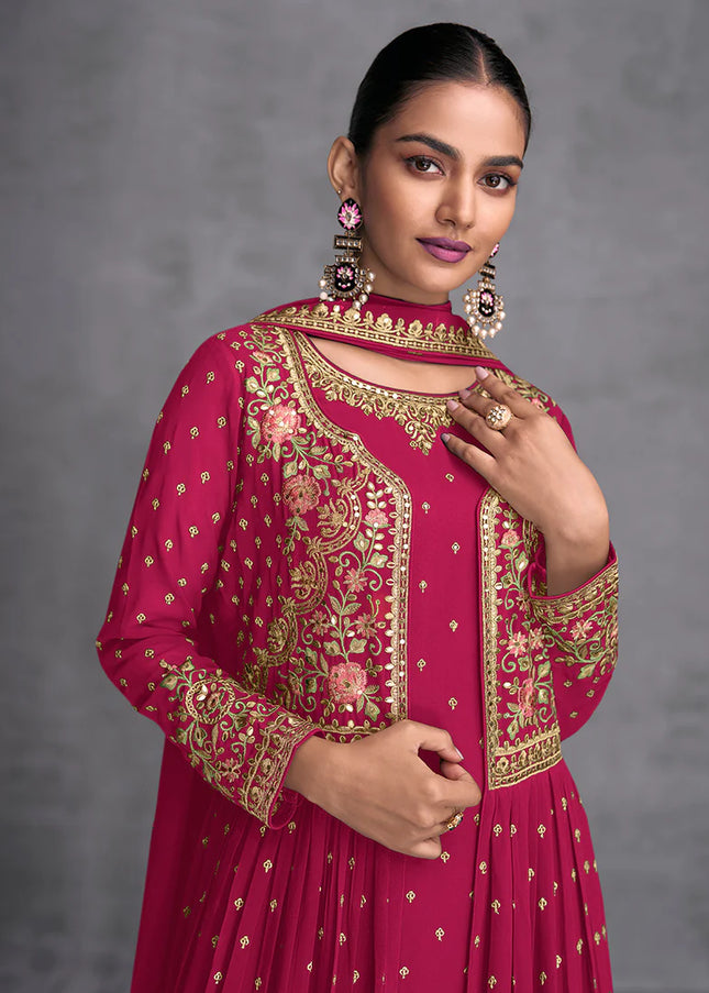 Hot Pink Jacket Embroidered Gharara Suit