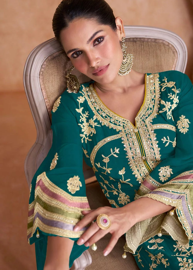 Dark Green Embroidered Salwar Style Pant Suit