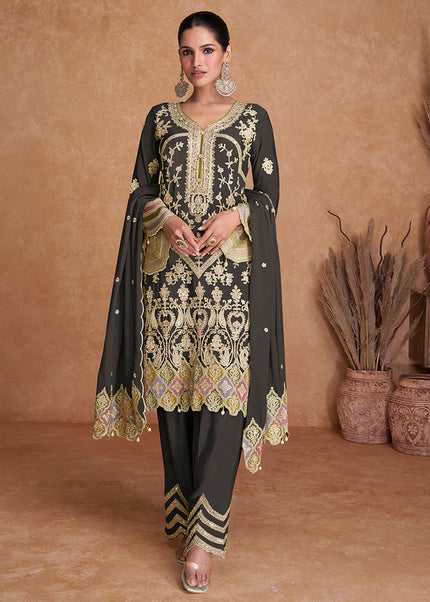 Deep Grey Embroidered Salwar Style Pant Suit
