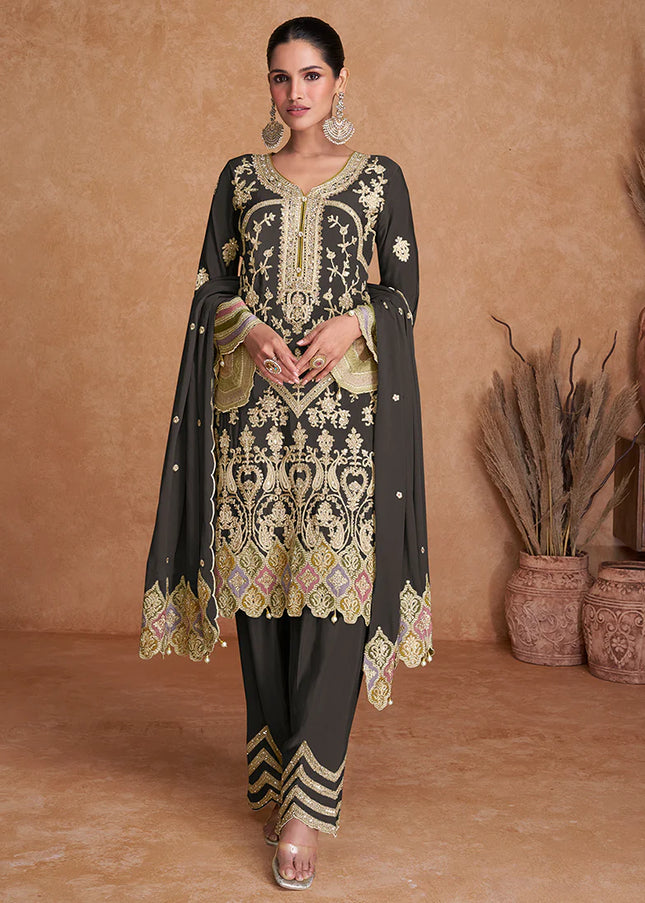 Deep Grey Embroidered Salwar Style Pant Suit
