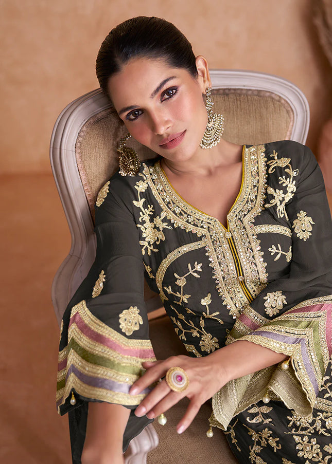 Deep Grey Embroidered Salwar Style Pant Suit