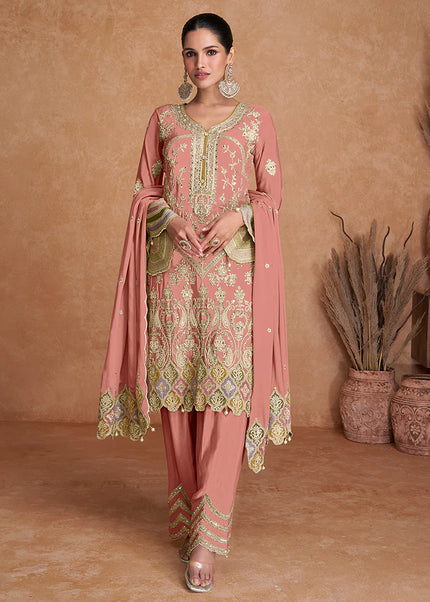 Peach Embroidered Salwar Style Pant Suit