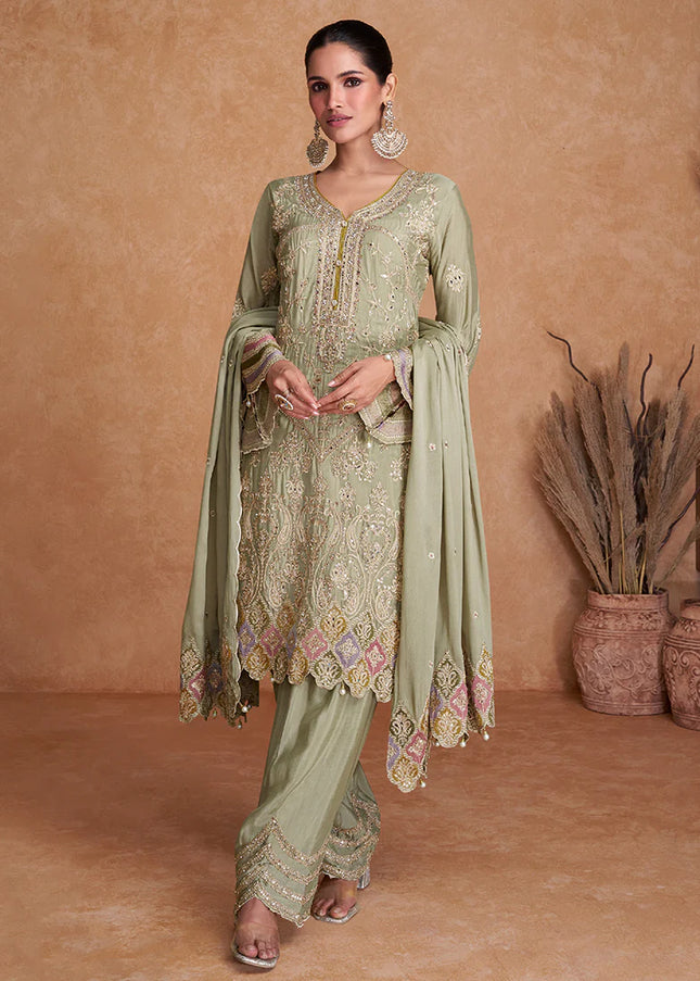 Green Embroidered Salwar Style Pant Suit