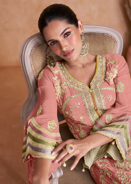 Peach Embroidered Salwar Style Pant Suit