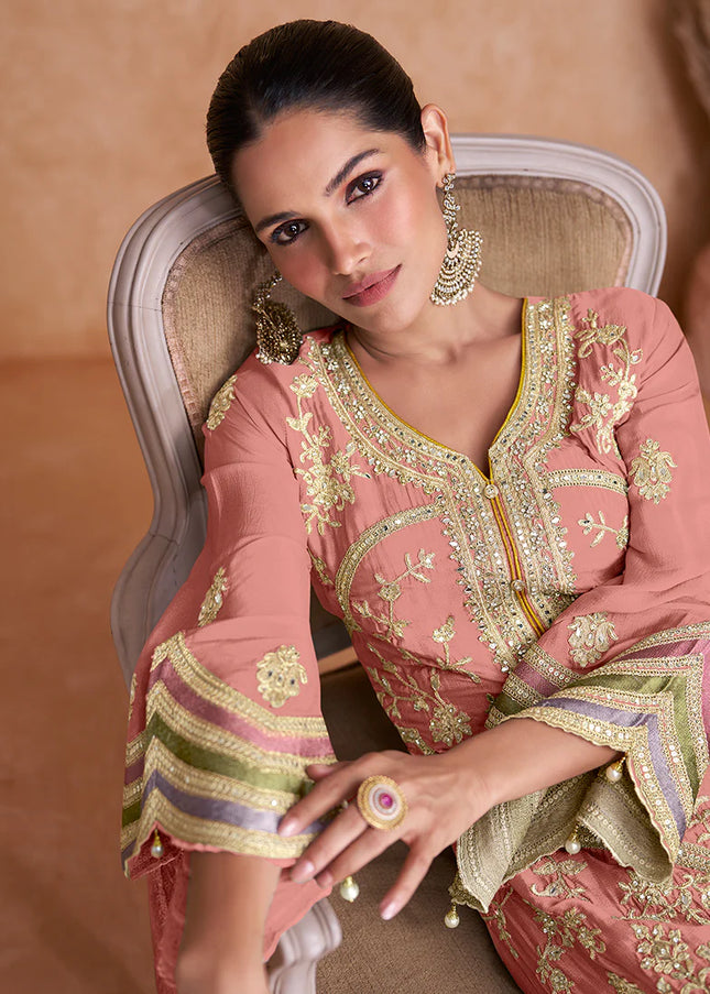 Peach Embroidered Salwar Style Pant Suit