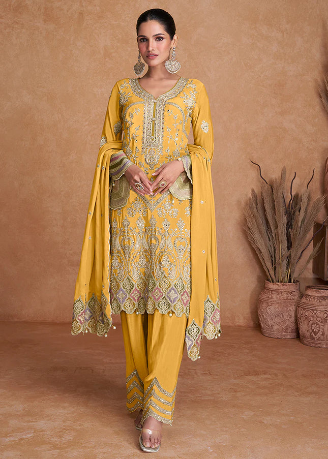 Yellow Embroidered Salwar Style Pant Suit