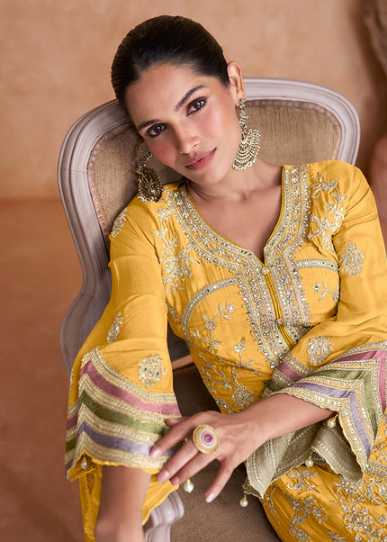 Yellow Embroidered Salwar Style Pant Suit