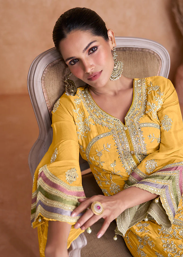 Yellow Embroidered Salwar Style Pant Suit