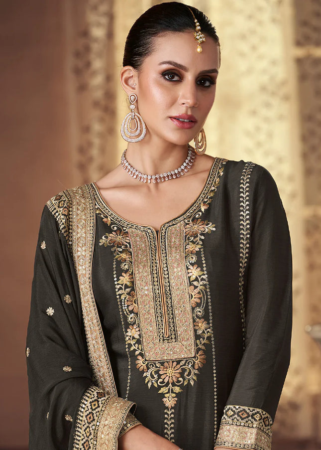 Black and Gold Embroidered Palazzo Suit