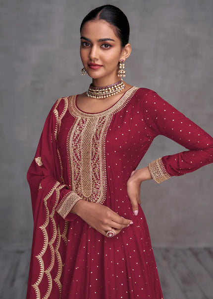 Red and Gold Embroidered Palazzo Suit