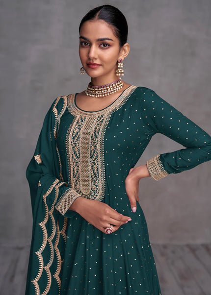 Dark Green and Gold Embroidered Palazzo Suit