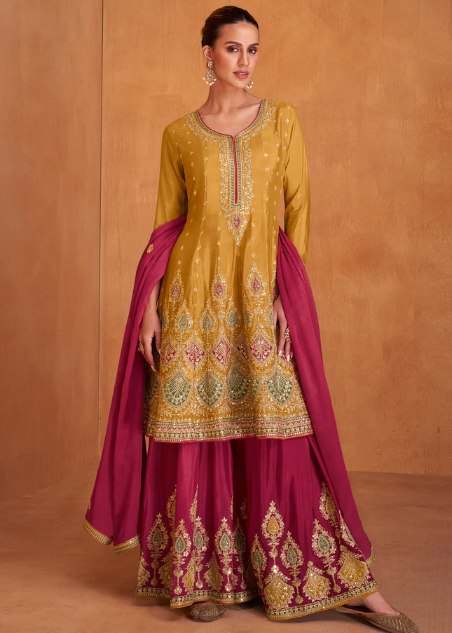 Yellow and Pink Embroidered Palazzo Suit