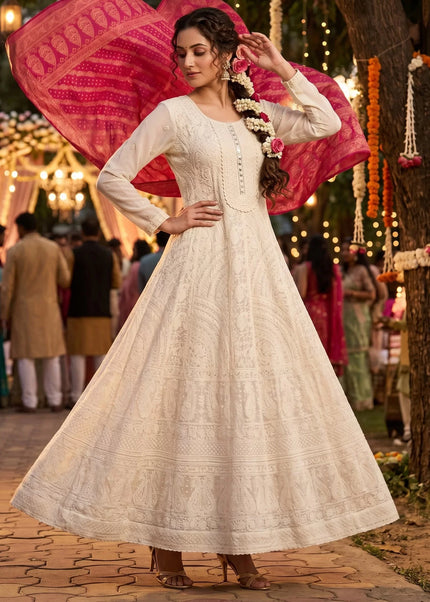 Cream Embroidered Anarkali Gown