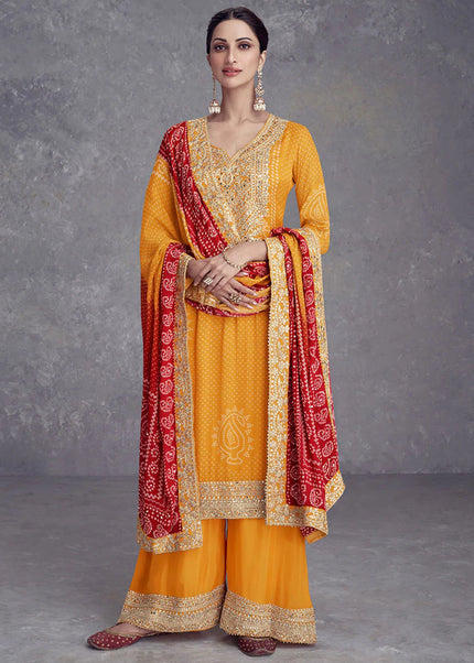 Yellow Digital Printed and Embroidered Palazzo Suit