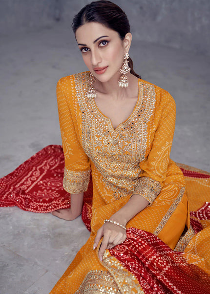 Yellow Digital Printed and Embroidered Palazzo Suit