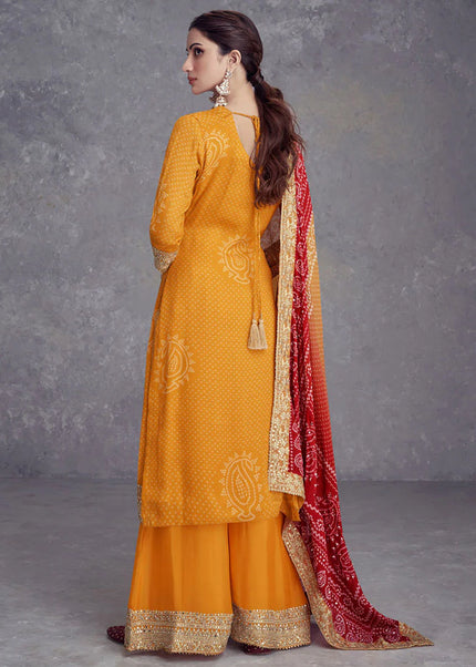 Yellow Digital Printed and Embroidered Palazzo Suit