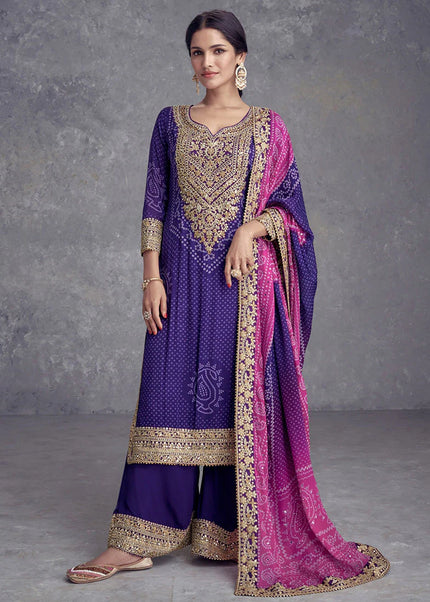 Purple Digital Printed and Embroidered Palazzo Suit