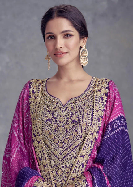 Purple Digital Printed and Embroidered Palazzo Suit