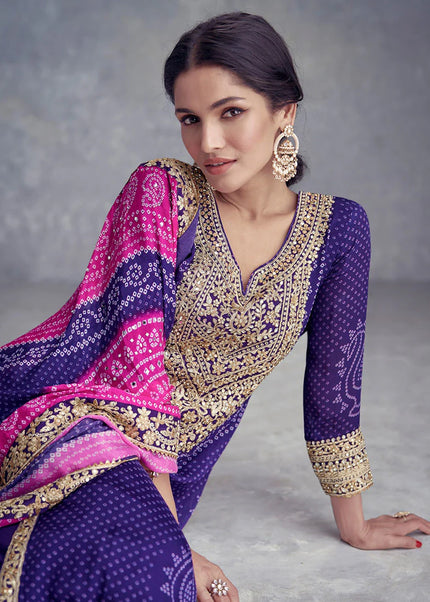 Purple Digital Printed and Embroidered Palazzo Suit