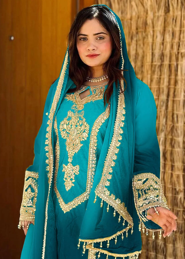 Blue Embroidered Pant Style Suit