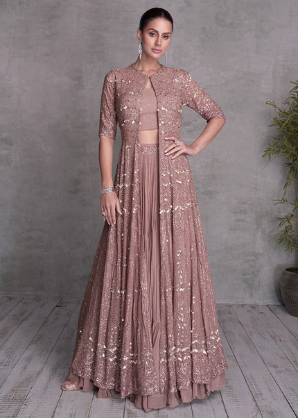 Mauve Embroidered Jacket Style Lehenga