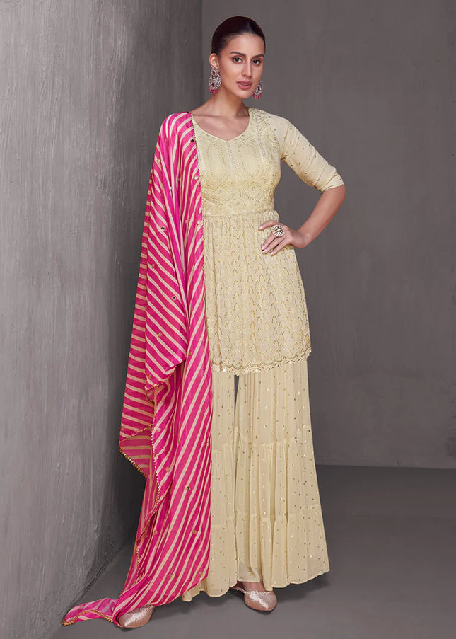 Cream Embroidered Gharara Suit