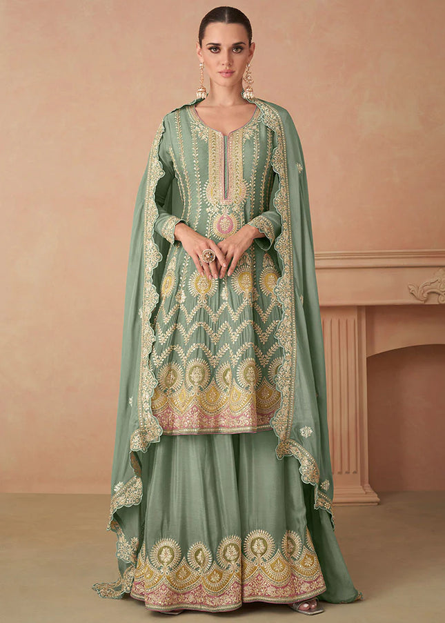 Green Multi Embroidered Sharara Suit