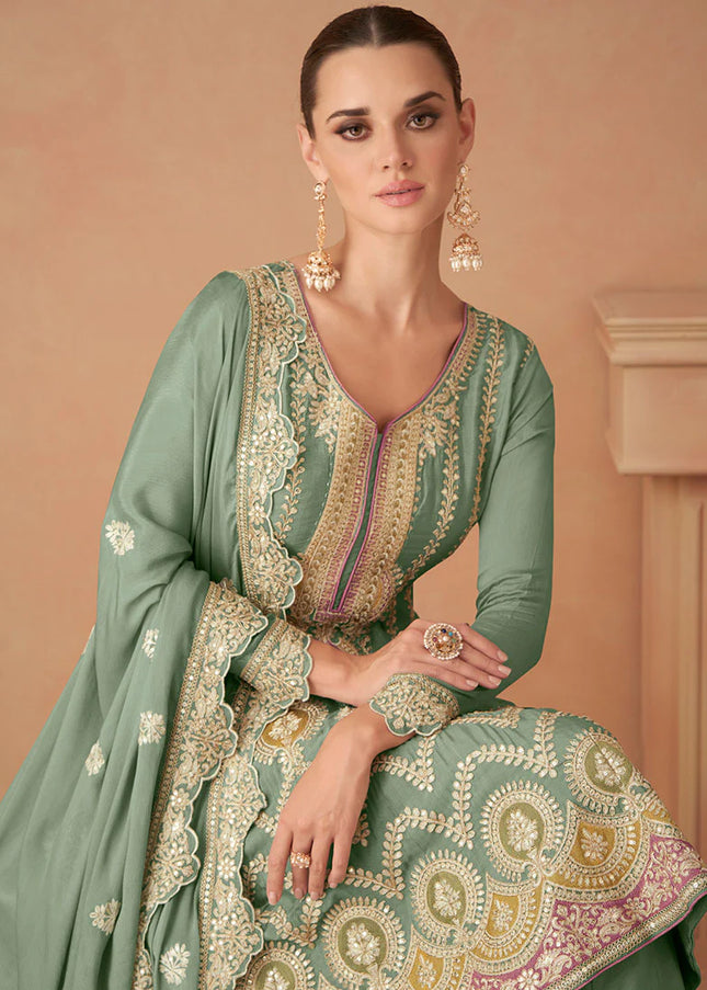 Green Multi Embroidered Sharara Suit