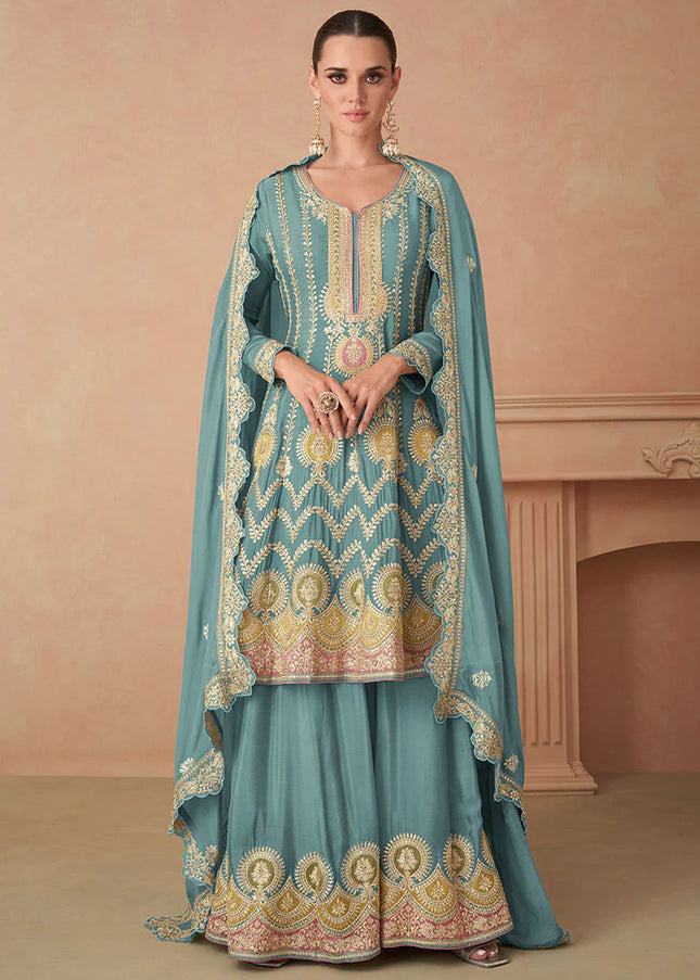 Sky Blue Multi Embroidered Sharara Suit