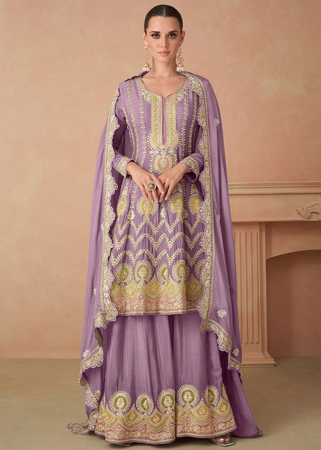 Purple Blue Multi Embroidered Sharara Suit