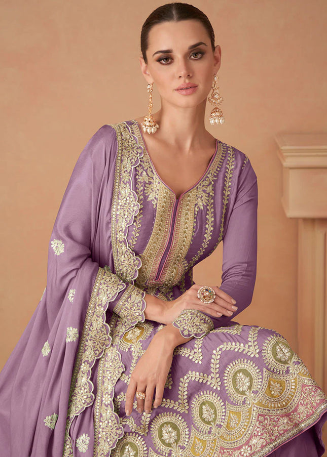 Purple Blue Multi Embroidered Sharara Suit