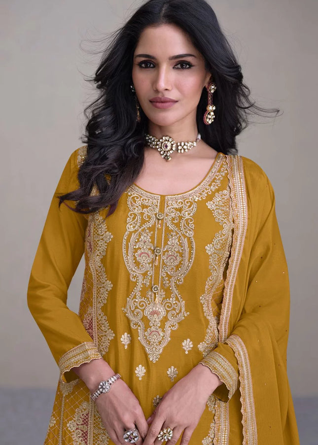 Mustard Embroidered Palazzo Suit