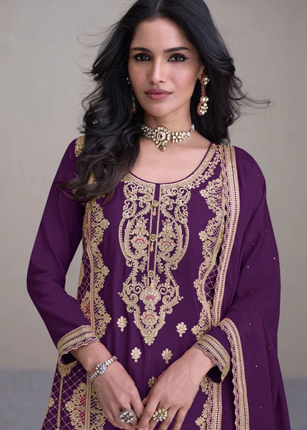 Purple Embroidered Palazzo Suit