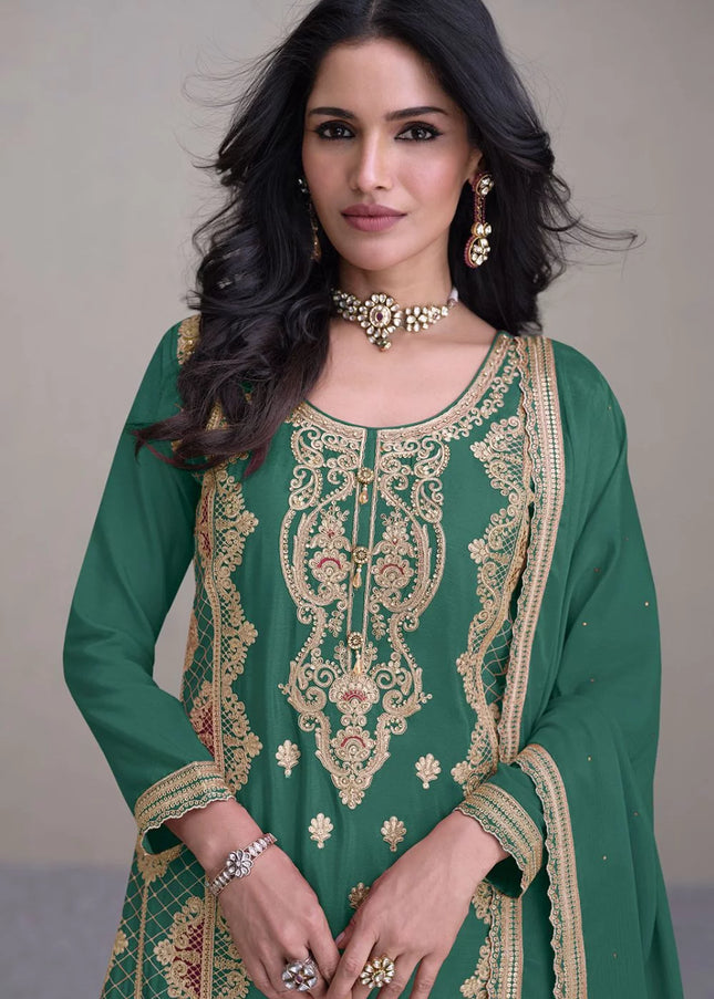 Green Embroidered Palazzo Suit