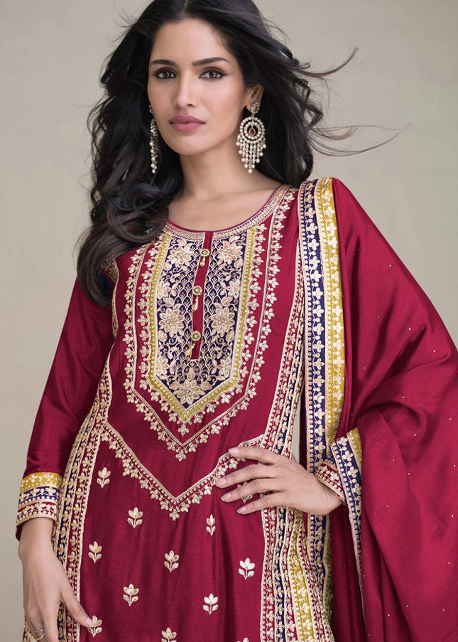 Maroon Embroidered Palazzo Suit