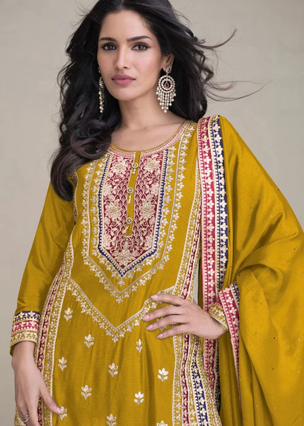 Mustard Embroidered Palazzo Suit