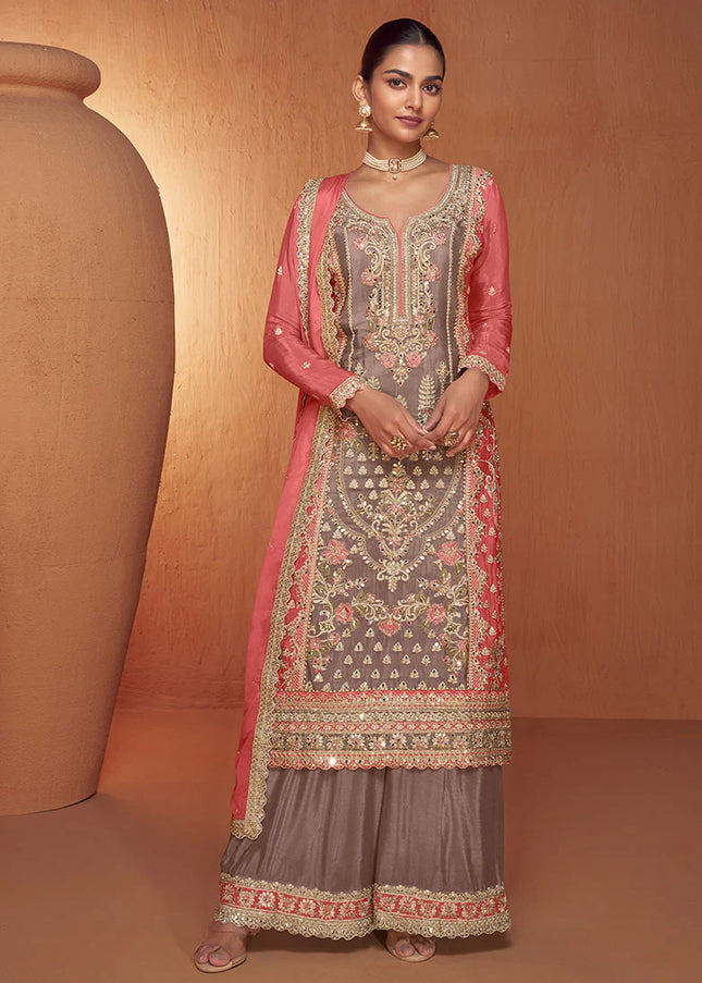 Lilac Grey Multicolor Embroidered Palazzo Suit
