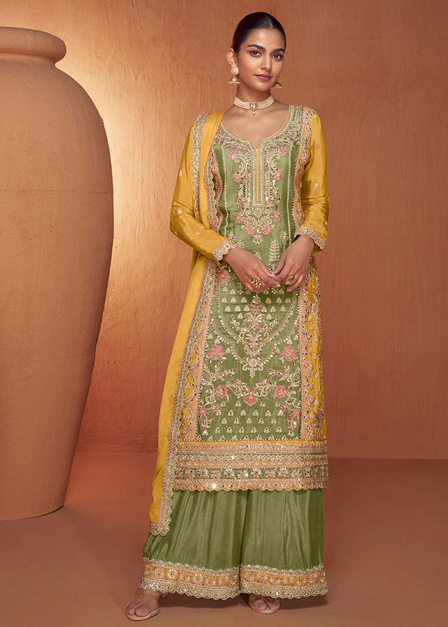 Green Multicolor Embroidered Palazzo Suit