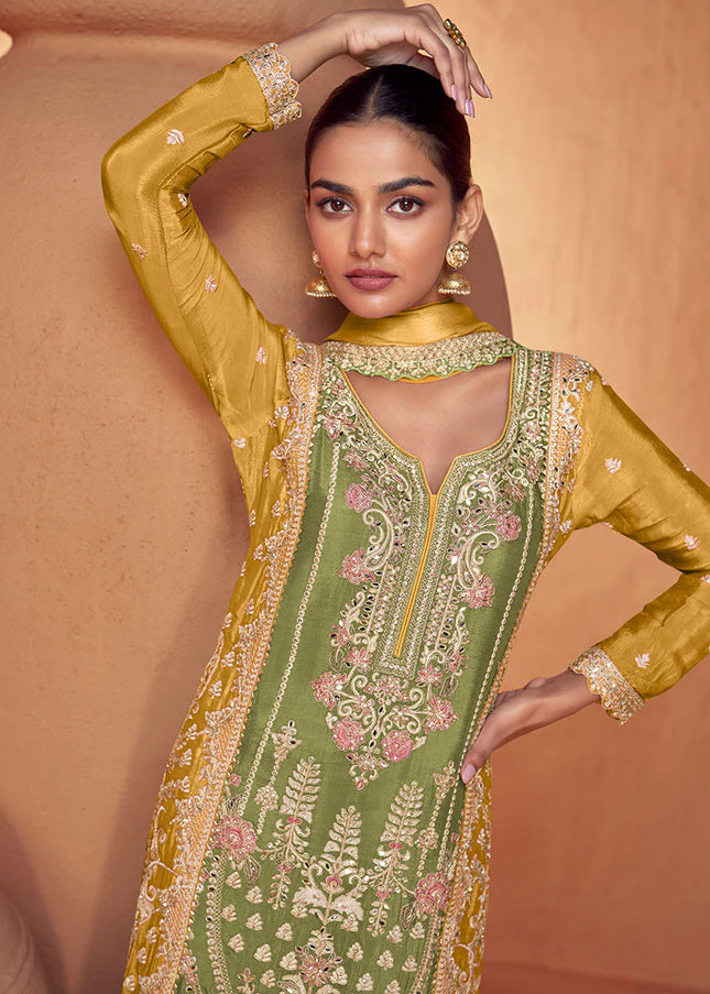 Green Multicolor Embroidered Palazzo Suit