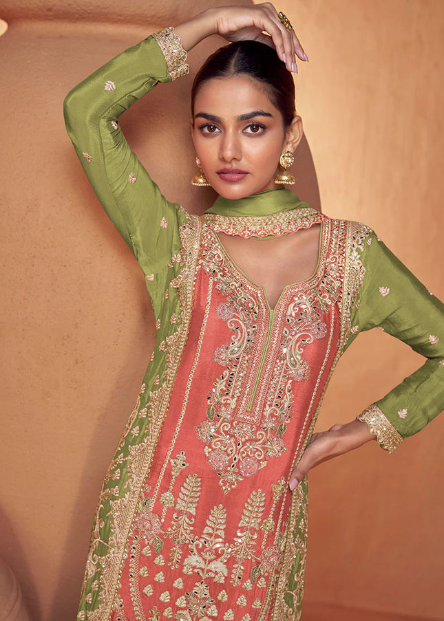 Peach Multicolor Embroidered Palazzo Suit