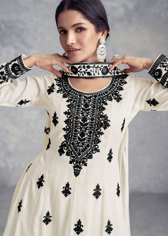 White and Black Embroidered Palazzo Suit