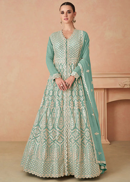 Green and Gold Embroiderd Lehenga Anarkali