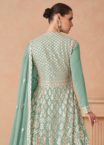 Green and Gold Embroiderd Lehenga Anarkali