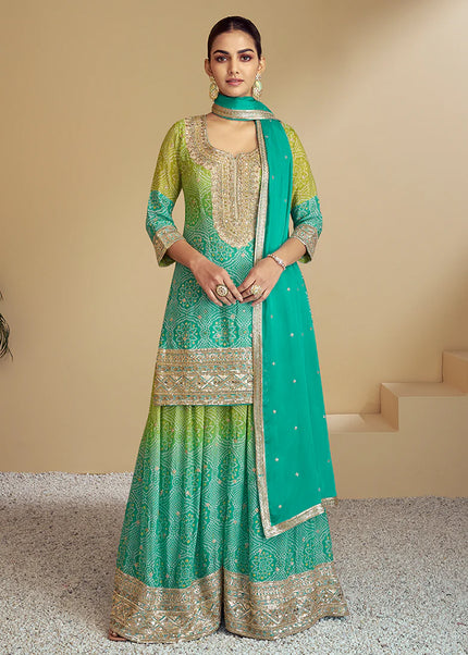 Green and Teal Embroidered Sharara Suit