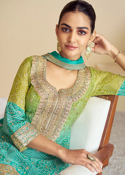 Green and Teal Embroidered Sharara Suit