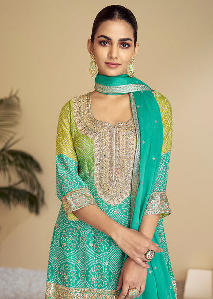 Green and Teal Embroidered Sharara Suit