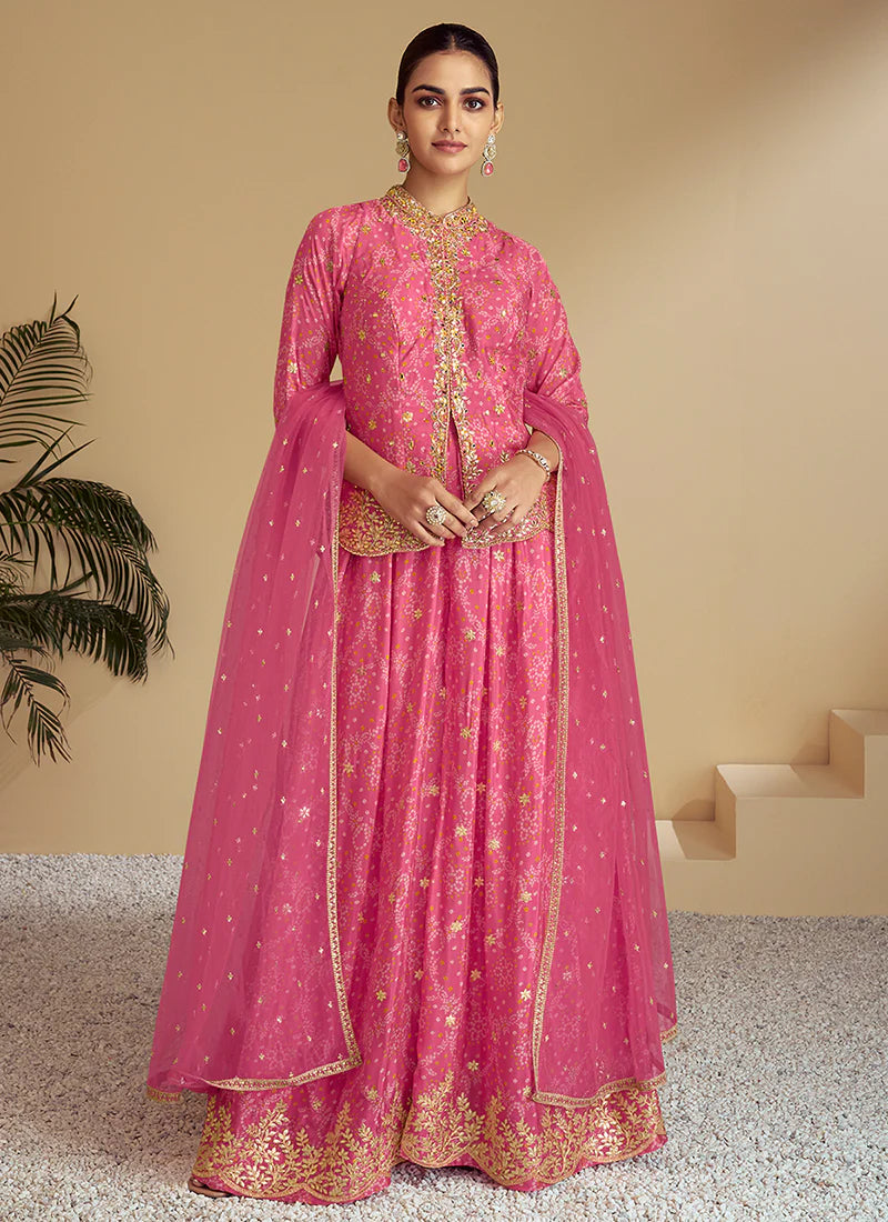 sharara dress pink Pink Sharara Outfits Georgette Embroidered Dress Sharara Party Wear Cbazaar Women's