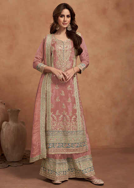 Pink Embroidered Palazzo Suit