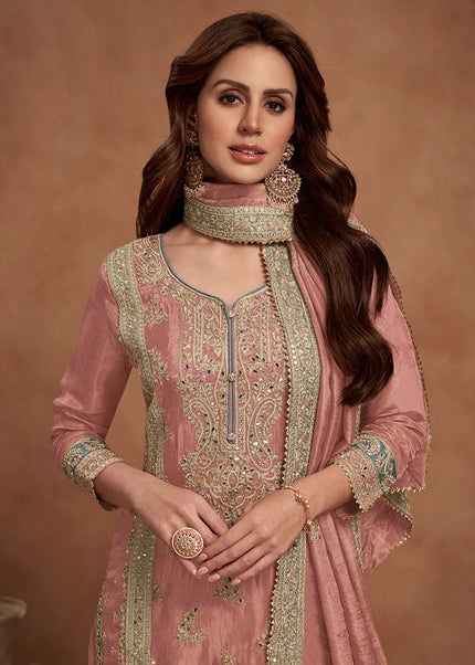 Pink Embroidered Palazzo Suit