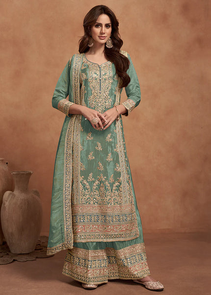 Green Embroidered Palazzo Suit